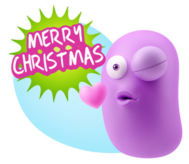 3d Rendering. Kiss Emoticon Face saying Merry Christmas with Col