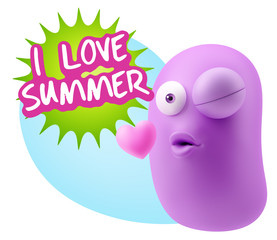 3d Rendering. Kiss Emoticon Face saying I Love Summer with Color
