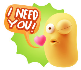 3d Rendering. Kiss Emoticon Face saying I Need You with Colorful