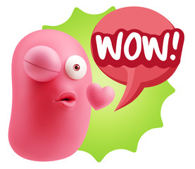 3d Rendering. Kiss Emoticon Face saying Wow with Colorful Speech