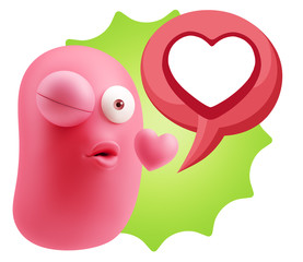 3d Rendering. Kiss Emoticon Face saying Love with a Heart Shape