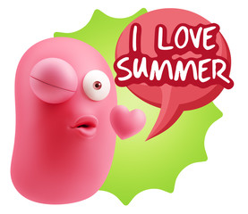 3d Rendering. Kiss Emoticon Face saying I Love Summer with Color