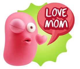 3d Rendering. Kiss Emoticon Face saying Love Mom with Colorful S