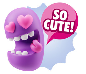 3d Rendering. Emoji in love with heart eyes saying So Cute with