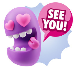 3d Rendering. Emoji in love with heart eyes saying See You with