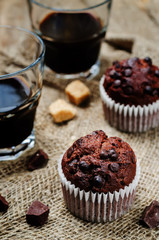 chocolate chips, chocolate muffin and coffee