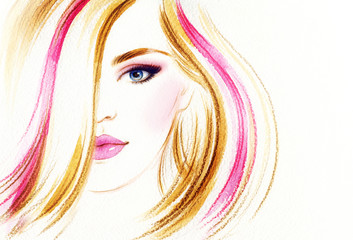 Beautiful woman portrait. Abstract fashion watercolor illustration