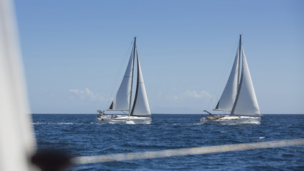 Fototapeta premium Sailing luxury yachts in the open sea in calm weather.