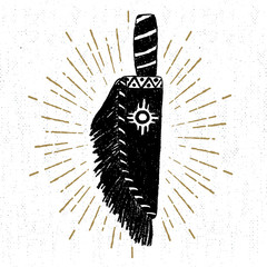 Hand drawn tribal icon with a textured hunting knife vector illustration.