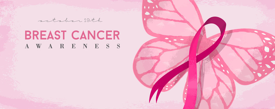 Breast cancer awareness banner with pink butterfly