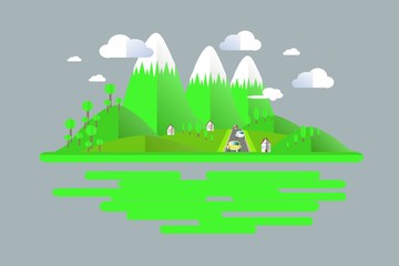 Summer time, green, grey mountain landscape, cars on the road. Modern flat design, design element, vector