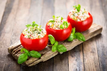 Outdoor kussens Stuffed tomatoes with cheese and basil  © pilipphoto