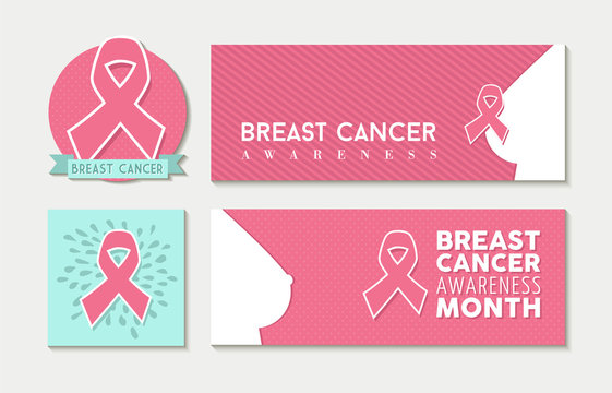 Breast cancer awareness set of banners and label