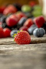 Strawberry in focus with assorted berries