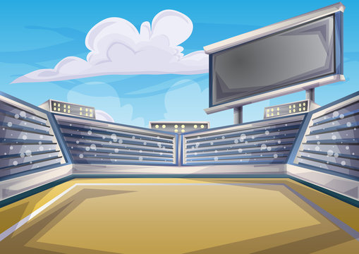 Cartoon vector Stadium Background Score Board Empty Field with separated layers