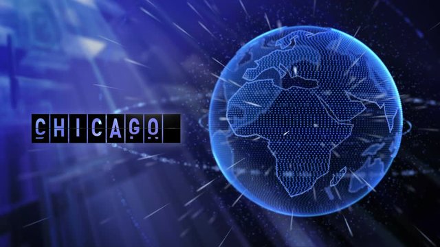 3d animated planet earth with a billboard and the destination of the city of Chicago