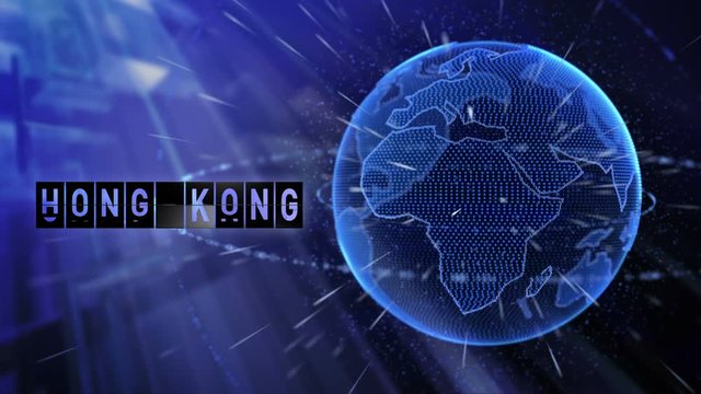 3d animated planet earth with a billboard and the destination of the city of Hong Kong