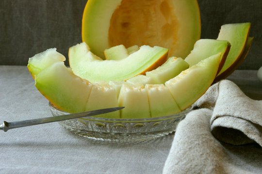 Ripe melon slices, sliced on a plate..