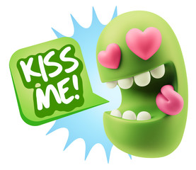 3d Rendering. Emoji in love with heart eyes saying Kiss Me with