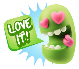 3d Rendering. Emoji in love with heart eyes saying Love It with