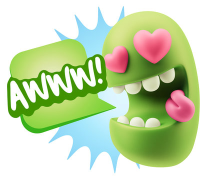 3d Rendering. Emoji in love with heart eyes saying Awww with Col