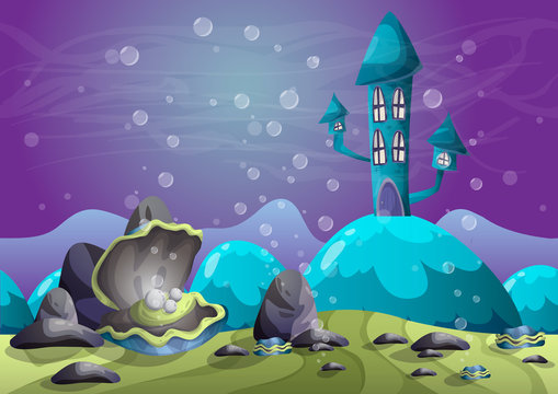 cartoon vector underwater landscape with separated layers for game and animation, game design asset