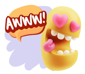 3d Rendering. Emoji in love with heart eyes saying Awww with Col