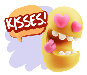3d Rendering. Emoji in love with heart eyes saying Kisses with C