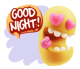 3d Rendering. Emoji in love with heart eyes saying Good Night wi