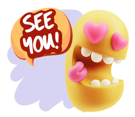 3d Rendering. Emoji in love with heart eyes saying See You with