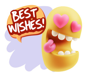 3d Rendering. Emoji in love with heart eyes saying Best Wishes w