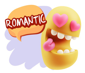 3d Rendering. Emoji in love with heart eyes saying Romantic with