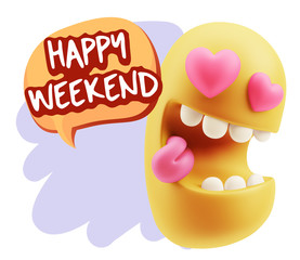 3d Rendering. Emoji in love with heart eyes saying Happy Weekend