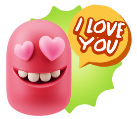 3d Rendering. Emoji in love with heart eyes saying I Love You wi