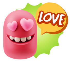 3d Rendering. Emoji in love with heart eyes saying Love with Col