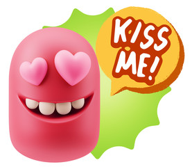 3d Rendering. Emoji in love with heart eyes saying Kiss Me with