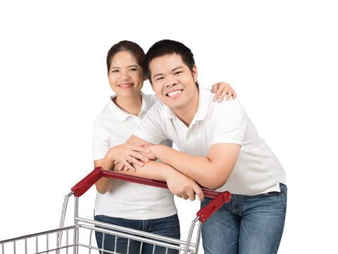 asian couple with shopping cart