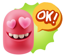 3d Rendering. Emoji in love with heart eyes saying Ok with Color