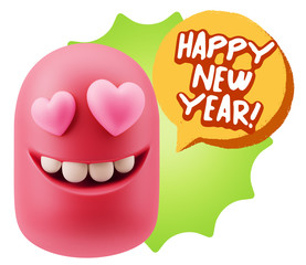 3d Rendering. Emoji in love with heart eyes saying Happy New Yea