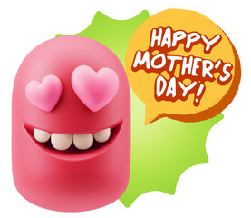 3d Rendering. Emoji in love with heart eyes saying Happy Mother'