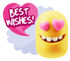 3d Rendering. Emoji in love with heart eyes saying Best Wishes w