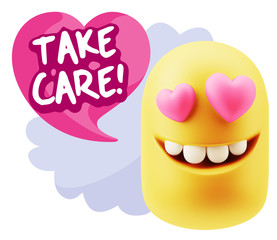 Obraz premium 3d Rendering. Emoji in love with heart eyes saying Take Care wit