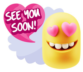 3d Rendering. Emoji in love with heart eyes saying See You Soon