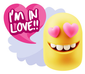 3d Rendering. Emoji in love with heart eyes saying I'm in Love w