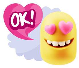3d Rendering. Emoji in love with heart eyes saying Ok with Color