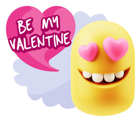 3d Rendering. Emoji in love with heart eyes saying Be My Valenti