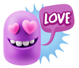 3d Rendering. Emoji in love with heart eyes saying Love with Col