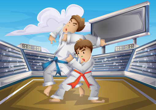 Cartoon vector judo Olympic sport with separated layers for game and animation, game design asset