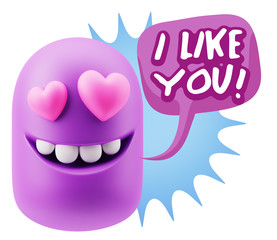 3d Rendering. Emoji in love with heart eyes saying I Like You wi
