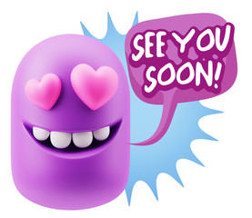 3d Rendering. Emoji in love with heart eyes saying See You Soon